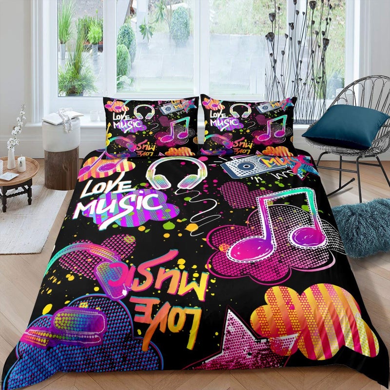 Feelyou Music Note Duvet Cover Set Full Size Rock Music Theme Comforter Cover Boys Girls Headphones Radio Bedding Set Luxury Microfiber Quilt Cover 2 Pillowcases Colorful - Image 1